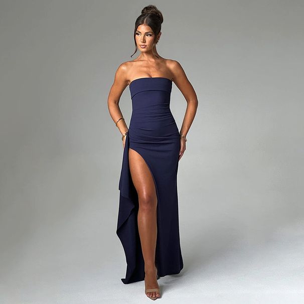 Women's Clothing Sexy Dress Tube Top Backless Solid Color High Slit Long Dress_ecoleips.com