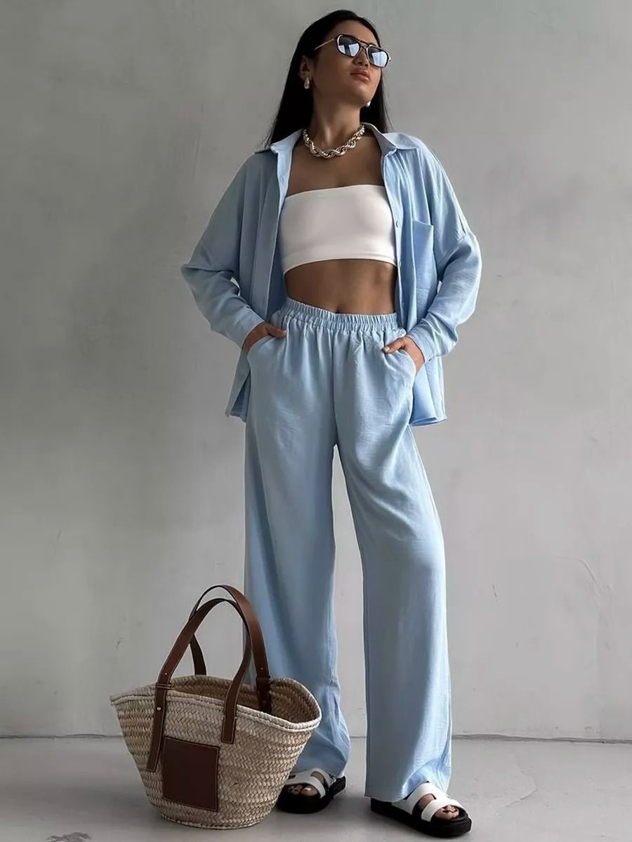 Women's Clothing Solid Color Cardigan Pocket Casual Wide Leg Trousers Suit_ecoleips.com