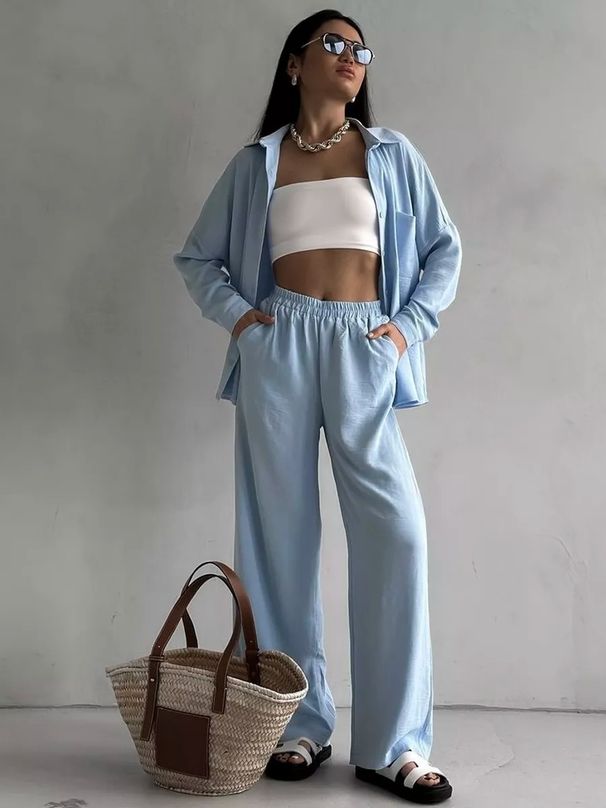Women's Clothing Solid Color Cardigan Pocket Casual Wide Leg Trousers Suit_ecoleips.com