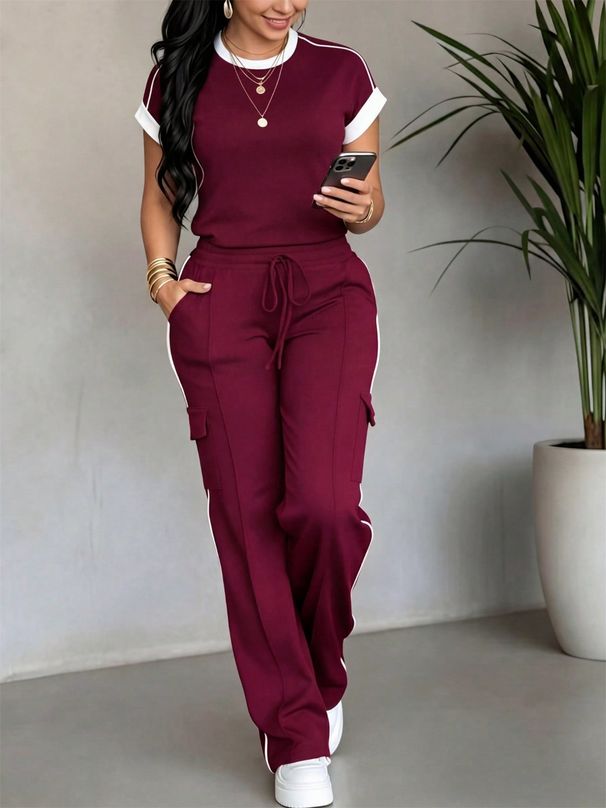 Women's Casual Two Piece Set Spring Summer Crew Neck Short Sleeve Top High Waisted Drawstring Loose Fit Cargo Pants_ecoleips.com
