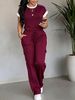 Women's Casual Two Piece Set Spring Summer Crew Neck Short Sleeve Top High Waisted Drawstring Loose Fit Cargo Pants_ecoleips.com