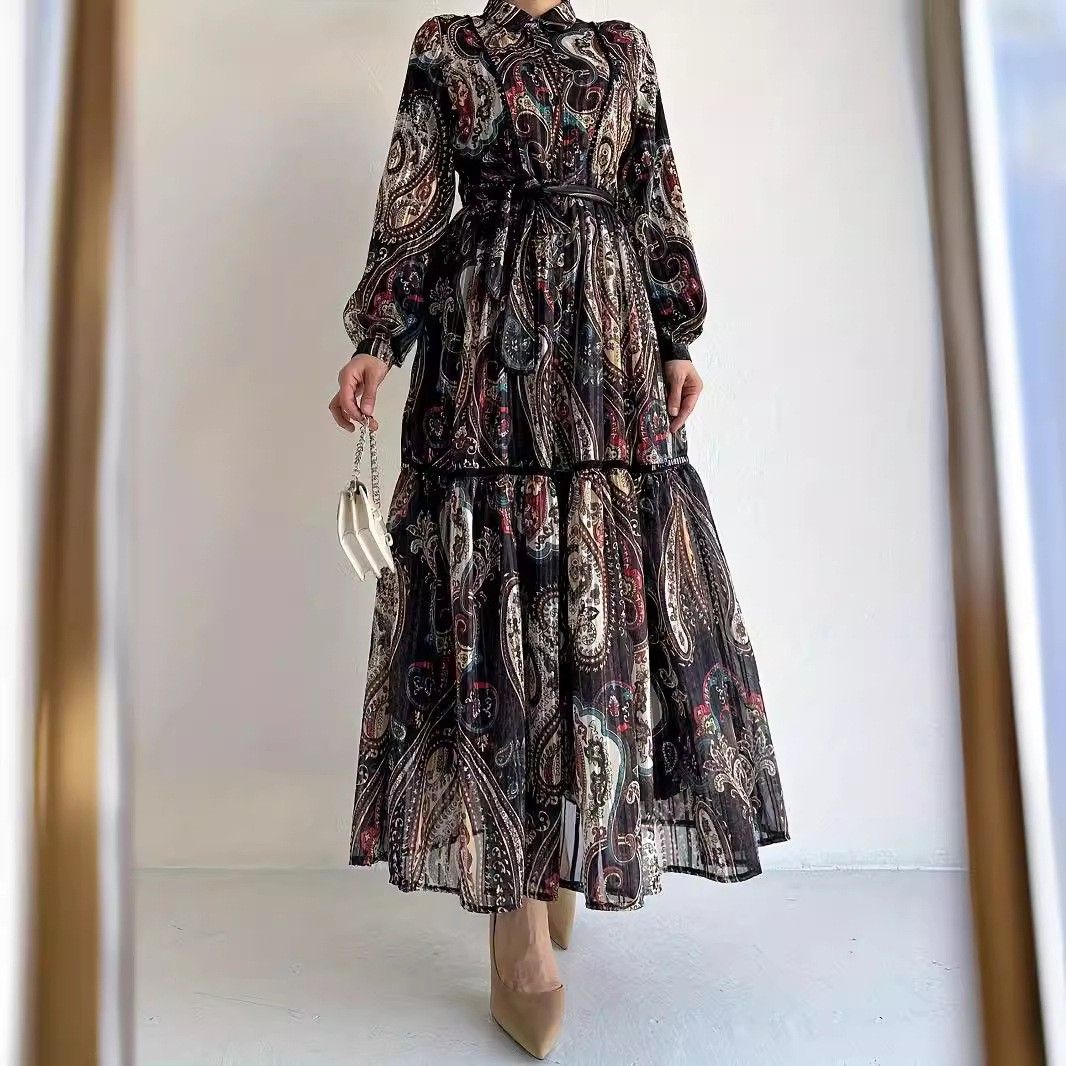 Women's Clothing New Print With Belt Long Fashionable And Elegant Dress_ecoleips.com