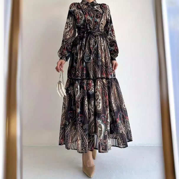 Women's Clothing New Print With Belt Long Fashionable And Elegant Dress_ecoleips.com