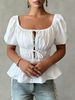 Women's Clothing French Retro Style Square Neckline Blouse Openwork Front Tie Waist Sexy Backless Top With Puff Sleeves Elegant Short Vacation Style_ecoleips.com