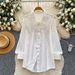 French Style Embroidered Openwork Breathable Blouse, Long Sleeved, Loose Fitting, Versatile, Workwear Cardigan, Blue Top._ecoleips.com