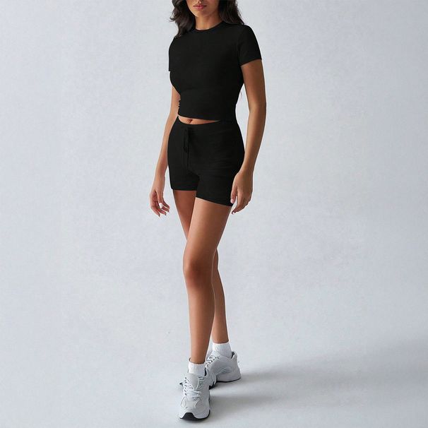 DiYun Cross-Border European And American Yoga Sports Style Solid Color Short-Sleeve Tie-Waist Shorts Set Women's_ecoleips.com