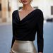 Women's Clothing Autumn/Winter Solid Color Flowy Pleated V Neck Women’s V-Neck Blouse – Wrinkle-Resistant Drape, Solid Color, Elegant & Office-Ready_ecoleips.com
