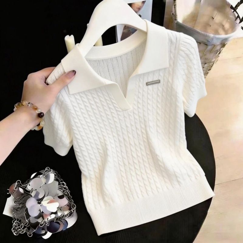 Women's Slimming Collared Cable Knit T-Shirt Short Sleeved Ice Silk Fabric Summer Youthful Top_ecoleips.com