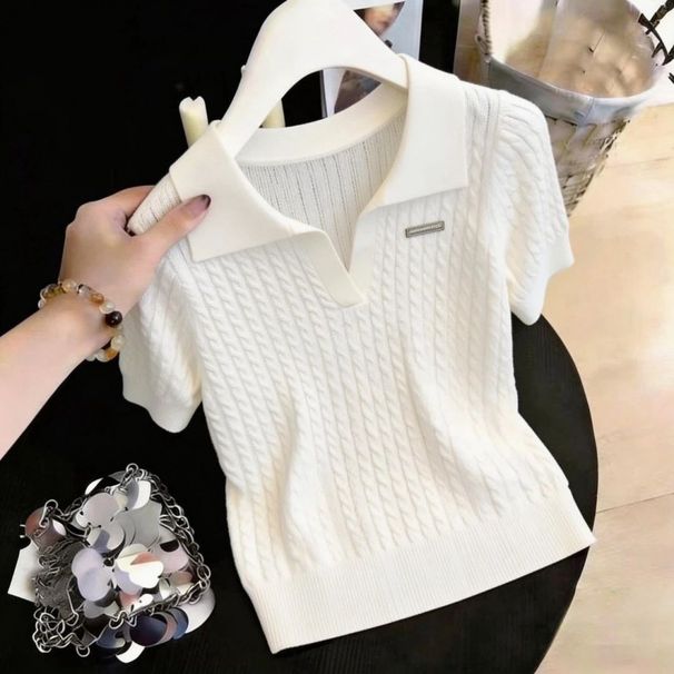 Women's Slimming Collared Cable Knit T-Shirt Short Sleeved Ice Silk Fabric Summer Youthful Top_ecoleips.com