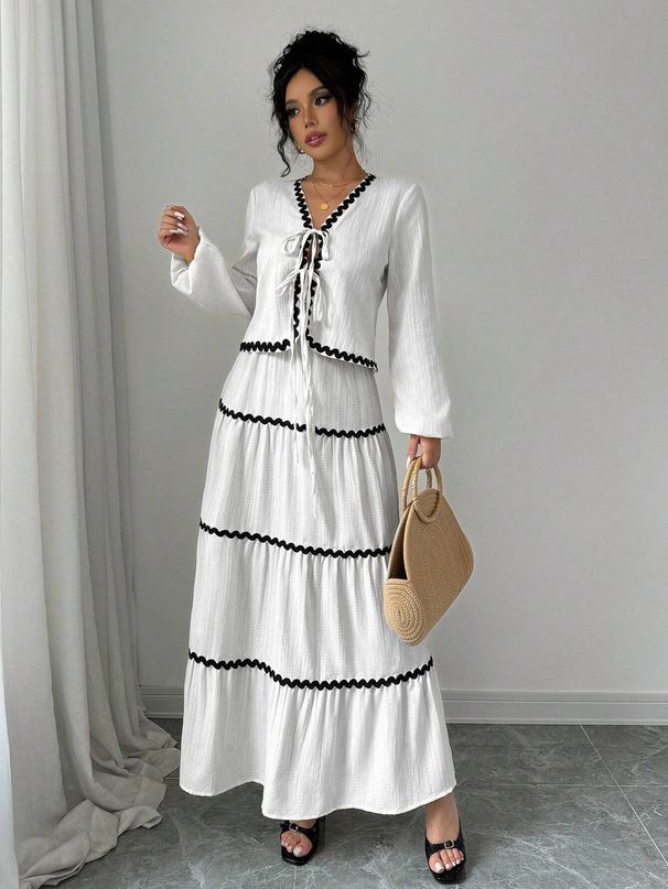 Women's Autumn Winter 2-Piece Set Dress, Casual Long Sleeve Tie-Up Top, High Waist Elegant Skirt, Perfect For Sunny Days_ecoleips.com