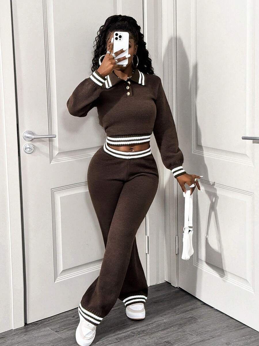 Women's Clothing Autumn/Winter New Women's Casual Striped Color Block Long Sleeved Top And Pants Two Piece Set_ecoleips.com