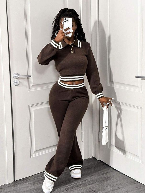 Women's Clothing Autumn/Winter New Women's Casual Striped Color Block Long Sleeved Top And Pants Two Piece Set_ecoleips.com