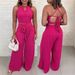 Women's Clothing Rose Red Halter Vest Set Waist Tie Wide Leg Pants_ecoleips.com