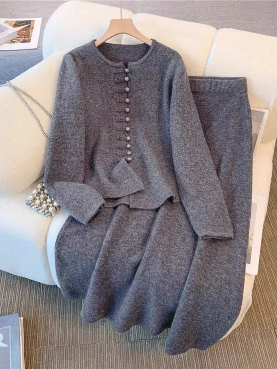 Solid Color Knitted Sweater Set Round Neck Cardigan And Loose Long Skirt Casual And Relaxed Women's Clothing_ecoleips.com