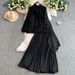 Women's Clothing French Style Three Dimensional Flower Stand Up Collar Bubble Long Sleeved Shirt High Waisted Slim Fitting Pleated Skirt Two Piece Set_ecoleips.com