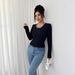 Women's Knitted Long Sleeve Top Black Patchwork Lace Trim Fitted Textured Ribbed European American Style Spring_ecoleips.com