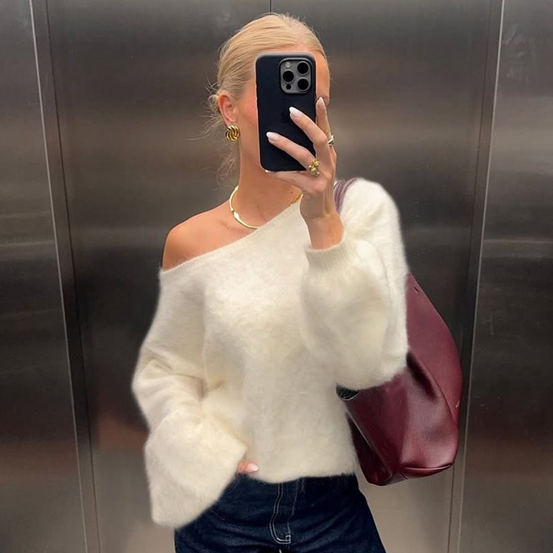 Women's Style Low Round Neck Off-Shoulder Pullover Loose Knit Sweater Autumn Winter New_ecoleips.com