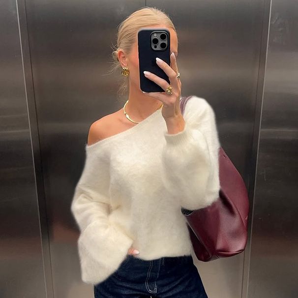 Women's Style Low Round Neck Off-Shoulder Pullover Loose Knit Sweater Autumn Winter New_ecoleips.com