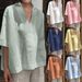 Women's Clothing Spring And Summer V Neck Cotton And Linen Solid Color Large Size Loose Mid Sleeve Women's Shirt_ecoleips.com