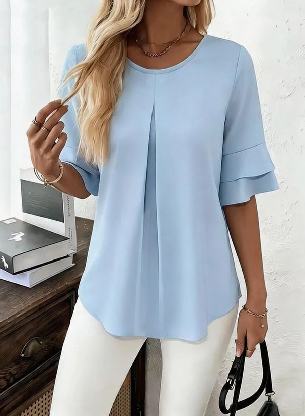 Women's Floral Ruffle Trim Relaxed Fit Blouse Short Sleeve Flowy Tunic Top for Summer_ecoleips.com