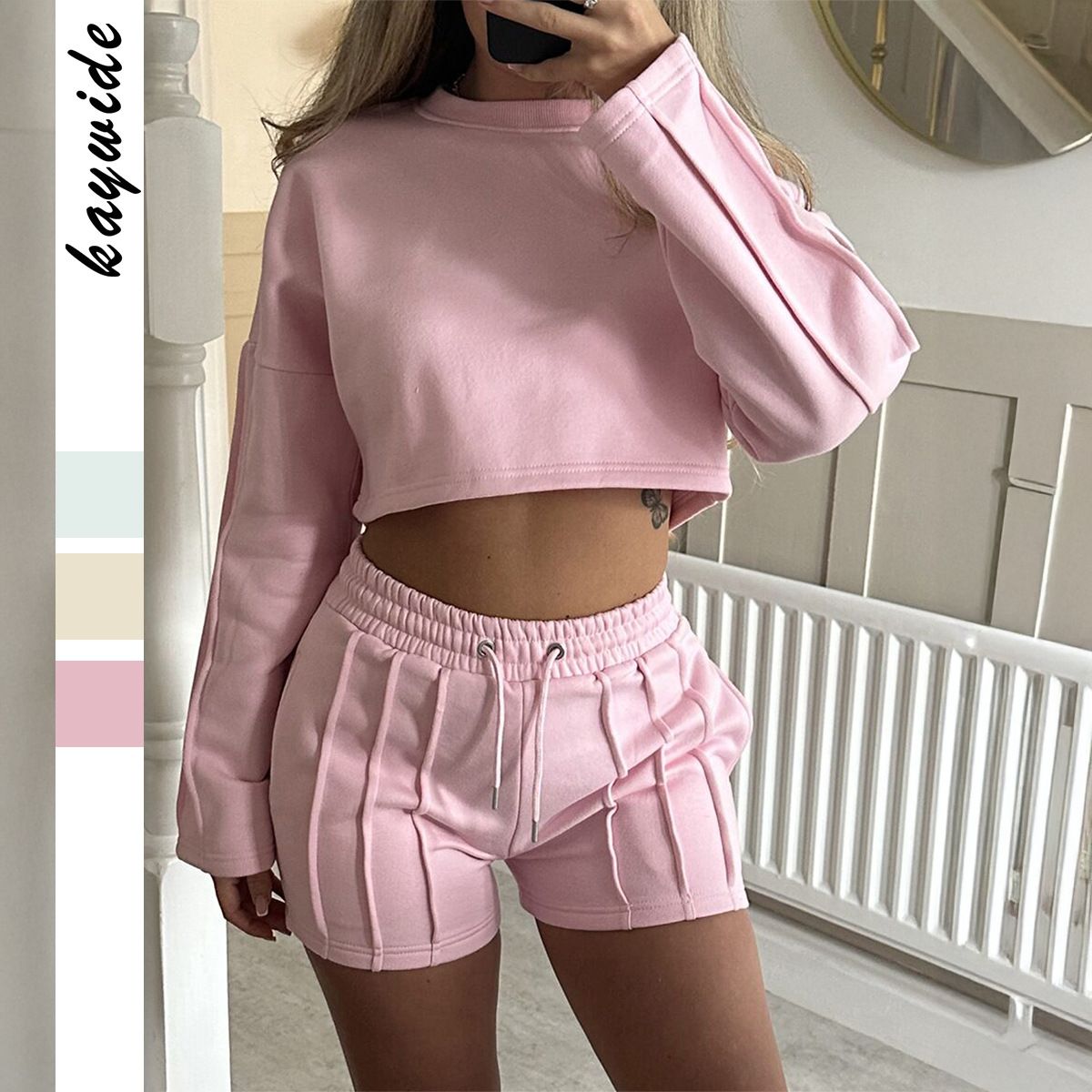 DiYun European American Casual Solid Color Sweatshirt And Drawstring Shorts Set Women's Clothing 2025_ecoleips.com