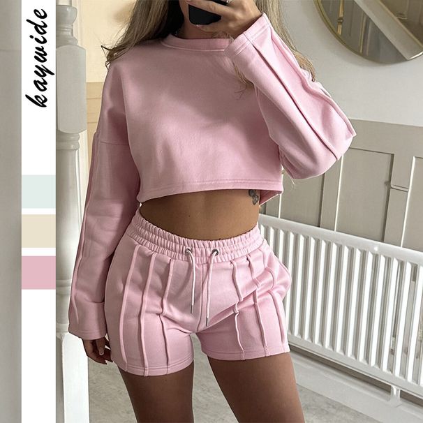DiYun European American Casual Solid Color Sweatshirt And Drawstring Shorts Set Women's Clothing 2025_ecoleips.com