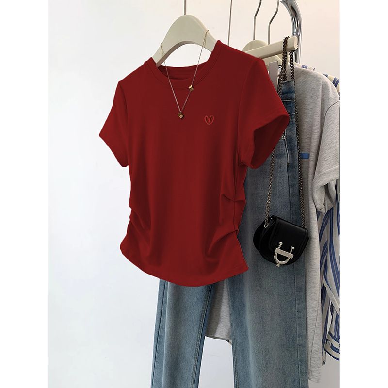 Unique Heart-Shaped Embroidered White Pure Cotton Short-Sleeved Top 2026 Summer Round-Neck Double-Sided Pleated T-Shirt_ecoleips.com