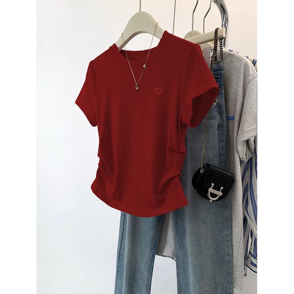 Unique Heart-Shaped Embroidered White Pure Cotton Short-Sleeved Top 2026 Summer Round-Neck Double-Sided Pleated T-Shirt_ecoleips.com