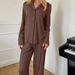 Knitted Ribbed Brown Sleeve Long Pants Loose Wearable Pajama Set European And American Autumn Winter New Home Wear_ecoleips.com