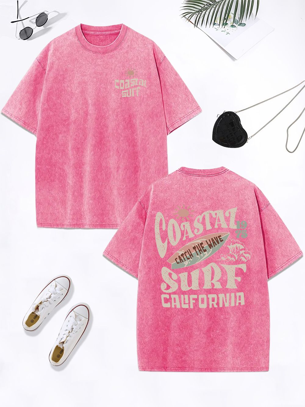 Coastal Surf Catch The Wave California Prints Washed T-Shirt Women Cotton Oversize Tops Distressed O-Neck T Shirt Summer Clothes_ecoleips.com