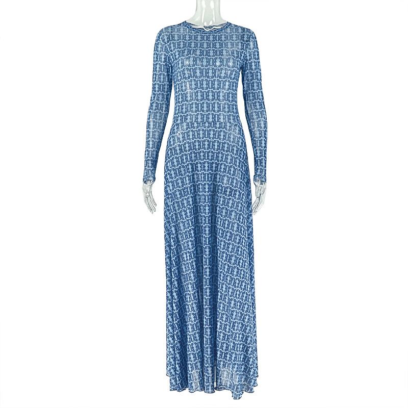 Streetwise A-Line Dress – Bodycon Waist, Long Sleeve, Sheer Mesh Insert (Milk Silk Poly-Spandex, S/M/L, Blue-Black Grid, Euro Urban Minimalist Dress)_ecoleips.com