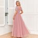 Women's Clothing Elegant Short Sleeved Splicing Double V Neck A Line Tulle Evening Dress A Line Sequined Dress_ecoleips.com