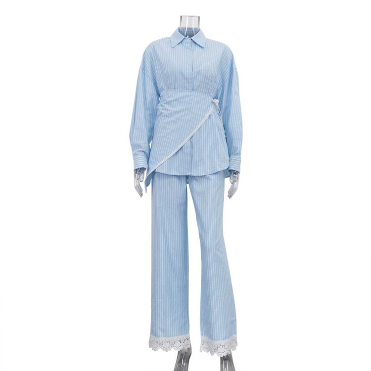 Women's Patchwork Three Piece Set With Lace Trim Long Sleeved Shirt Wide Leg Trousers Lapel Collar_ecoleips.com
