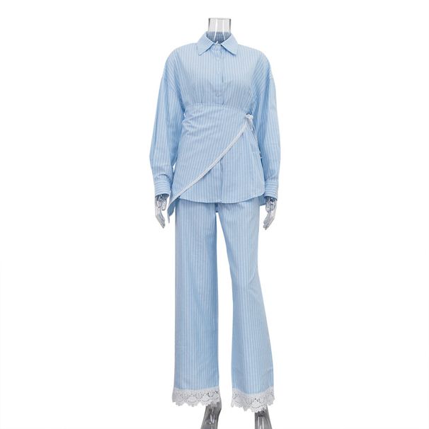 Women's Patchwork Three Piece Set With Lace Trim Long Sleeved Shirt Wide Leg Trousers Lapel Collar_ecoleips.com