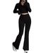 Fashion Solid Color Ribbed Two-Piece Zipper Long Sleeve Short Top And High Waist Flared Pants Set Women's Casual_ecoleips.com