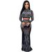 Women’S Mesh Long Sleeve Dress & Lace Top Two-Piece Set – Elegant Sheer Evening Gown, Sexy Clubwear With Rhinestone Details_ecoleips.com