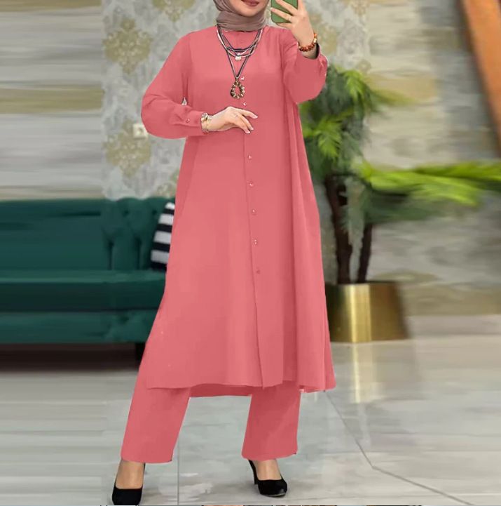 2025 Muslim Two-piece Suit Women Solid Color Spring Autumn Sleeve Cardigan Shirt Long Pants Set_ecoleips.com