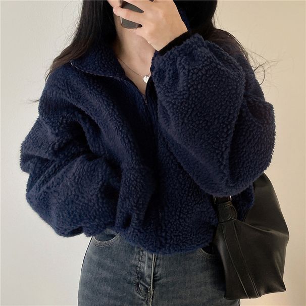 "Women's Short Puffer Jacket Stand Collar Fleece-Lined Zip-Up Coat Winter Casual Loose Fit Outerwear Beige/Grey/Navy"_ecoleips.com