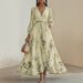 Elegant Floral Print Pleated Maxi Dress – V-Neck Long Sleeve A-Line Dress For Women (S-XXXL, White/Blue/Pink/Yellow)_ecoleips.com