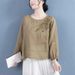 Embroidered Crew Neck Long-Sleeve T-Shirt For Women, Commuter Vintage Artistic Loose Solid Color Pullover Embroidered Ba_ecoleips.com