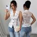 European And American 2025 New Sexy Mature Hollow Chest Jacquard Design Perspective Lapel Tight Lace Cardigan_ecoleips.com