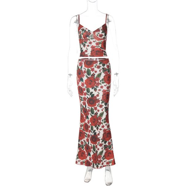 2025 Summer New Fashionable Floral Print V-neck Small Suspender Bag Buttocks Close Fitting Long Skirt Set For Women_ecoleips.com