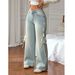 Women's Clothing Plus Size Side Ribbon Stretch Jeans - Flowy Straight Leg Denim Pants With Adjustable Waist Tie_ecoleips.com