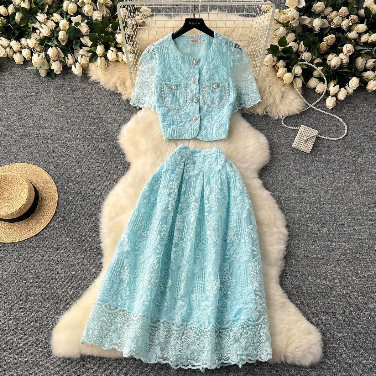 Women's Clothing High End Lady Style Suit For Women Lace Hook Flower Puff Sleeve Shirt Two Piece Suit High Waist Slim Skirt_ecoleips.com