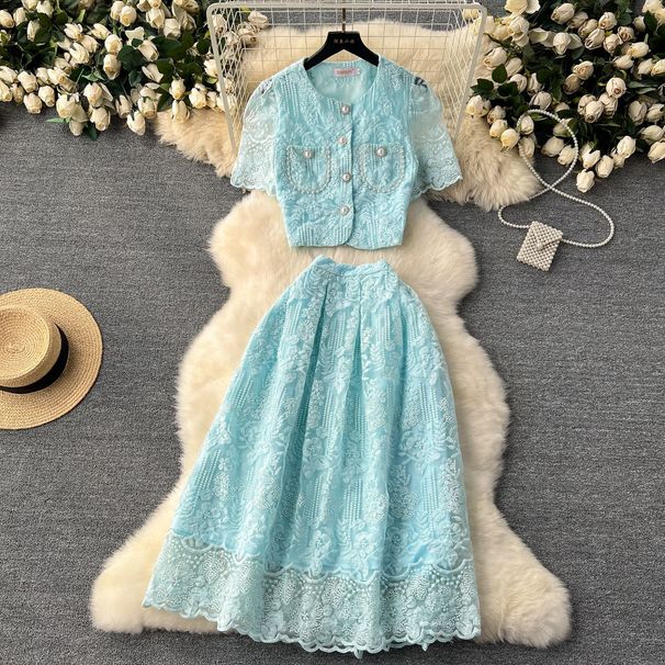 Women's Clothing High End Lady Style Suit For Women Lace Hook Flower Puff Sleeve Shirt Two Piece Suit High Waist Slim Skirt_ecoleips.com