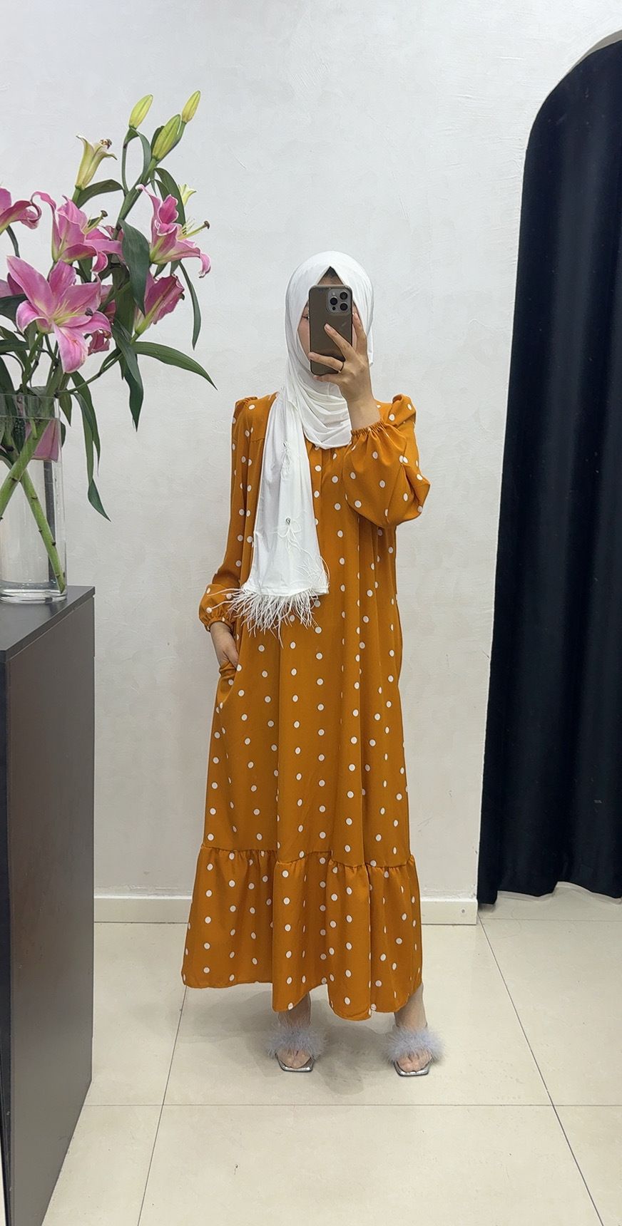 Women's Clothing Muslim Round Neck Belt Puff Sleeve Pocket Polka Dot Dress_ecoleips.com