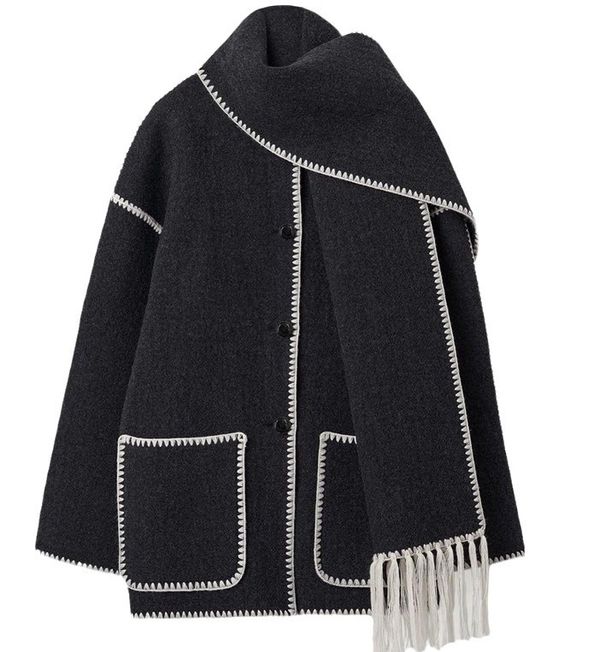 Women’s Fashion Wool-Like Coat – Oversized Tweed Jacket With Scarf & Fringe, Elegant U-Neck, Long Sleeve, Boho Chic_ecoleips.com