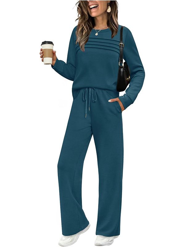 Women's Autumnal European American Style Long Sleeve Round Neck Top And Wide Leg Pants Casual Elastic Waist Pant Set_ecoleips.com