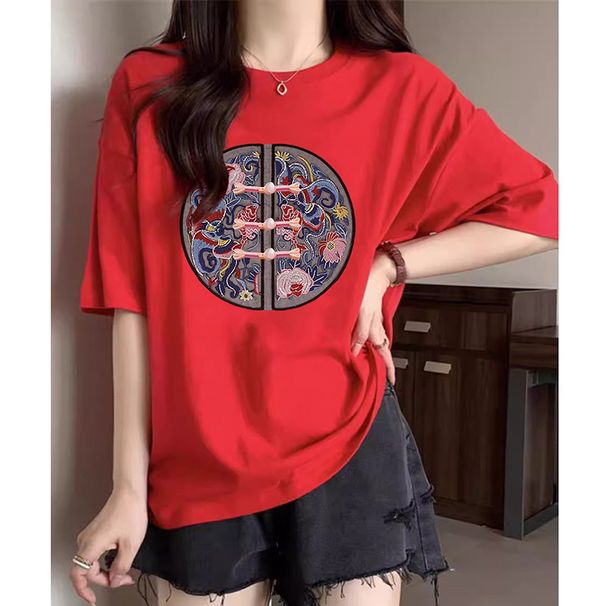 Women's Chinese Style Printed T-Shirt Short Sleeve Casual Loose Top Summer New Fashion A77 Print_ecoleips.com