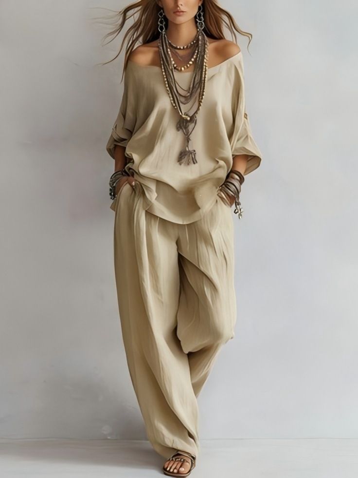 Summer Casual Women's Linen Top And Wide Leg Pants Set Three Quarter Sleeve Relaxed Everyday Wear Versatile Comfortable Feshion Trend_ecoleips.com
